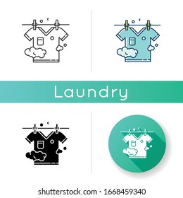 Outdoor drying icon. Laundry, clothesline, outside clothes drying. T-shirt hanging on rope, clean summer clothing, washed garment. Linear black and RGB color styles. Isolated vector illustrations