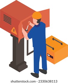 outdoor electrical box with lineman isometric Concept, substation Panel Repair vector icon design, Electrical engineer symbol, Wiring specialist Sign, maintenance technician tools stock illustration