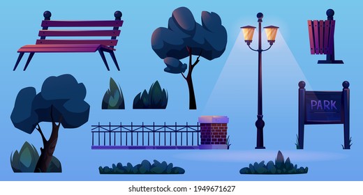 Outdoor elements for park construction isolated icons set. Vector illuminated lamp post at night, trees, grass and bushes, street objects and wooden bench, forged fence, street waste litter bin