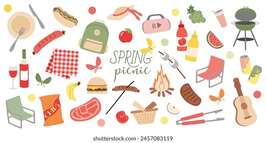 Outdoor elements. Picnic set illustration. Vector Collection of BBQ Objects isolated on white with Fruits, Food, Grill, Chips, Lemonade. Hand Drawn Summer or Spring Flat or Cartoon Design for Poster