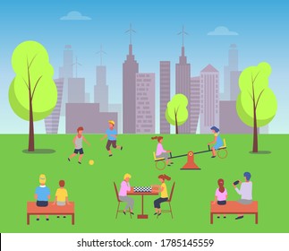 An outdoor, entertainment and intellectual games park. Kids play chess, guys play football. Parents on benches, photographing their offspring. Active time in the city. Games for logical thinking