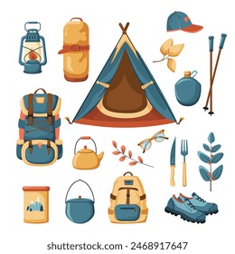 Outdoor equipment. Camping equipment, cartoon tourist tool for trekking, hiking, adventure trekking, backpack, tent camp, rucksack, sleeping bag, summer vacation, set isolated on white background.