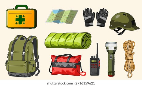 Colección de equipos de exterior en estilo Vector plano para supervivencia y aventura. Perfecto para guías de camping, imágenes de senderismo, kits de emergencia y diseños de seguridad al aire libre.