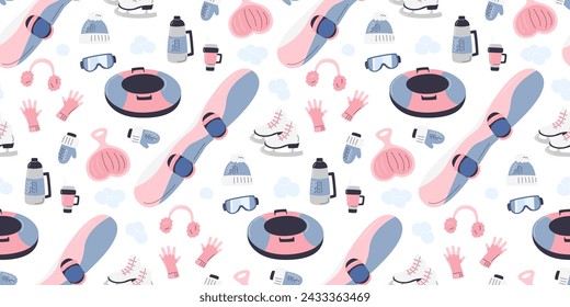 Outdoor equipment horizontal pattern design. Activity inventory gift wrapping paper. Seasonal repeated backdrop background. Resort and recreation. Winter sports hand drawn flat vector illustration