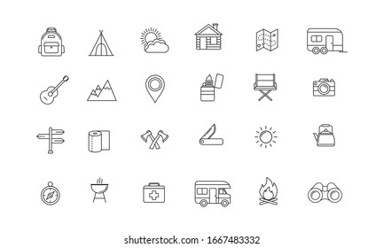 Outdoor equipment icon set. Camping and adventure activities kit outlined icon set.