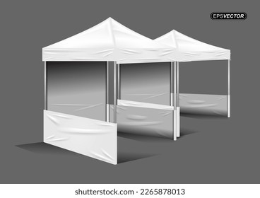 Anuncio de promoción de eventos al aire libre ilustraciones vectoriales, comercio de toldos móviles. Burlas, plantillas. Ilustración en un fondo gris. Listo para tu diseño. Publicidad de productos.