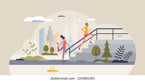 Outdoor exercise and running outside on urban street tiny person concept. Healthy fitness as athletic couple everyday training routine vector illustration. Body practice for flexibility, cargo or