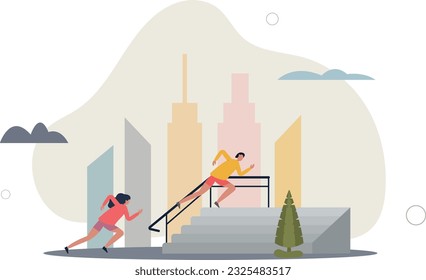 Outdoor exercise and running outside on urban street.Healthy fitness as athletic couple everyday training routine.flat vector illustration.