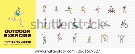 Outdoor Exercise Tiny People Vector Set – Running, Yoga, Cycling, Fitness, Healthy Lifestyle