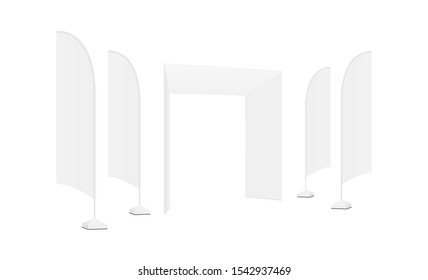 Outdoor exhibition equipment: trade show arch and advertising flags isolated on white background. Vector illustration