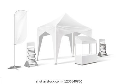 Outdoor Exhibition Tent, Product Presentation Pop-up Marquee Mockup With Banner Flag, Display Shelves, Stand Booth. Mobile Company Promotion Pavilion, Point-of-sale Temaplte. Vector Illustration