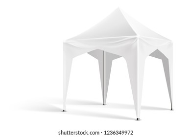 Outdoor exhibition tent, summer party pop-up marquee mockup. Mobile company promotion pavilion, point-of-sale temaplte. Blank product display, retail trade tent. Vector realistic illustration