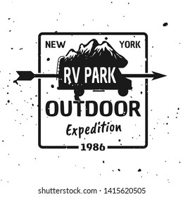 Outdoor expedition vector monochrome emblem, label, badge, sticker or logo with camper van silhouette and mountains isolated on textured background