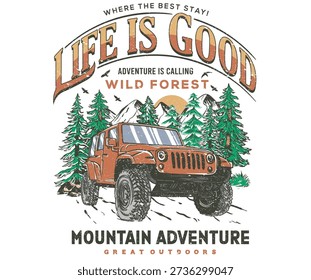 Outdoor explore by car. Mountain Outdoors t shirt vector design. Mountain explore vintage artwork for apparel, sticker, batch, background, poster and others.