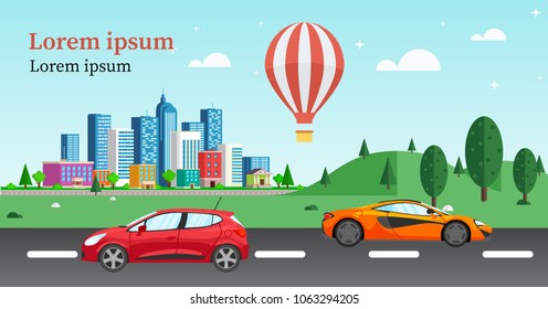 outdoor exterior design with buildings, car, balloon, park. creative website banner for real estate, ad design for social media post.