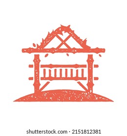 Outdoor facade summer bungalow hut arbor pavilion recreational leisure activity red hand drawn grunge texture vector illustration. Exterior building bridge with straw roof tropical paradise resort