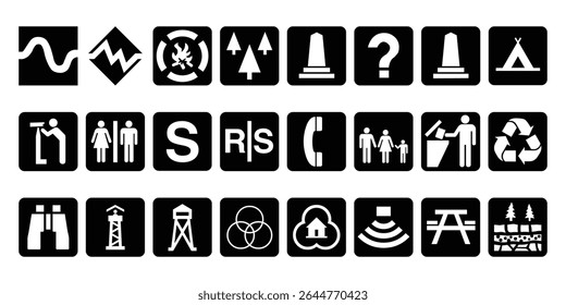 
Outdoor Facility and Amenity Symbol Set – Vector Icons for Trails, Fire Pits, Forest, Historical Markers, Info Points, Camping, Restrooms, Services, Viewing Areas, Towers, Shelters, Picnic.