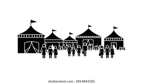 Outdoor fair scene with multiple event tents and silhouettes of people interacting in communal festival gathering environment.