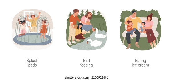 Outdoor family activities isolated cartoon vector illustration set. Summer fun, backyard splash pad, family feeding birds in the park, throwing crumbs, eating ice-cream together vector cartoon.