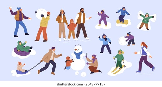 Outdoor family winter games. People making snowman and playing snowballs. Ice skating. Skiing and snowboarding. Happy parents with children. Wintertime activities. Garish