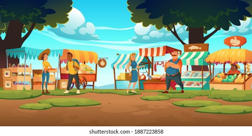 Outdoor farm market with stalls, vendors and clients at summer day. Fair booths, wooden kiosks with ecological products. Counters for street trading, city retail place, cartoon vector illustration