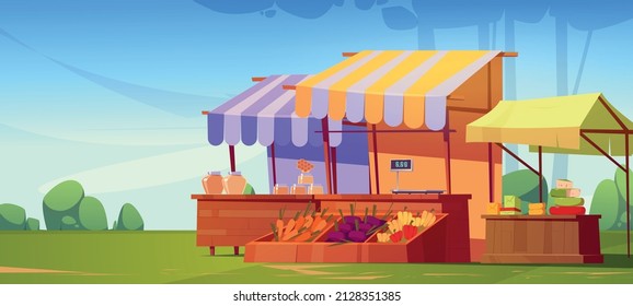 Outdoor farm market stalls, wooden fair booths or kiosks with striped awning and farmer food honey, dairy products and vegetables. Wood vendor counters for street trading, Cartoon vector illustration