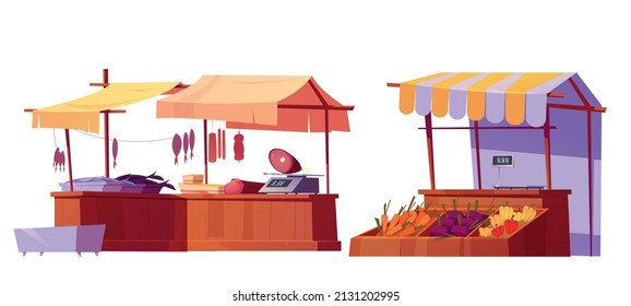 Outdoor farm market stalls, wooden fair booths or kiosks with awning and farmer food, fish, meat butcher or fishery products and vegetables. Isolated wood vendor counters, Cartoon vector illustration