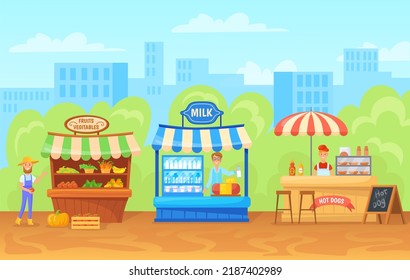 Outdoor farm market. Street marketplace cartoon traditional farmer shop, tent bazaar fresh fruit vegetable stalls urban place village food sale background, vector illustration of market shop street