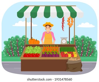 Outdoor farm products store. Woman sells natural vegetables grown in garden vector illustration. Selling food in bazaar. Stall with fresh vegetables. Girl weighs goods. Farming and agronomy concept