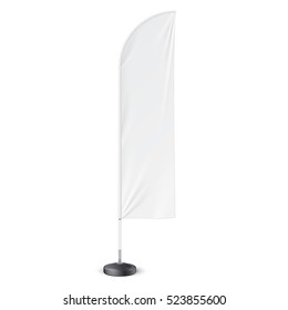 Outdoor Feather Flag With Ground Fillable Water Base Stand. Banner Shield Mock Up, Template. Illustration Isolated On White Background. Ready For Your Design. Product Advertising. Vector EPS10