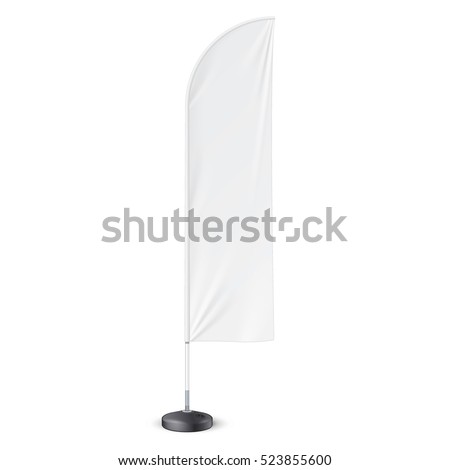 Outdoor Feather Flag With Ground Fillable Water Base Stand. Banner Shield Mock Up, Template. Illustration Isolated On White Background. Ready For Your Design. Product Advertising. Vector EPS10