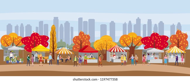 Outdoor festival with food trucks, awnings, tents, ice cream, coffee, hot dog, flowers, bakery, walking people, men and women buying and selling goods at park autumn. Flat cartoon vector illustration