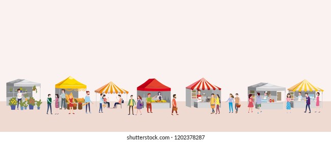 Outdoor festival with food trucks, awnings, tents, ice cream, coffee, hot dog, flowers, bakery, walking people, men and women buying and selling goods at park autumn. Flat cartoon vector illustration