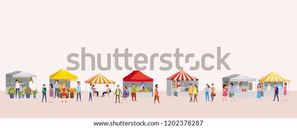 Outdoor festival with food trucks, awnings,\
tents, ice cream, coffee, hot dog, flowers, bakery, walking people,\
men and women buying and selling goods at park autumn. Flat cartoon\
vector illustration