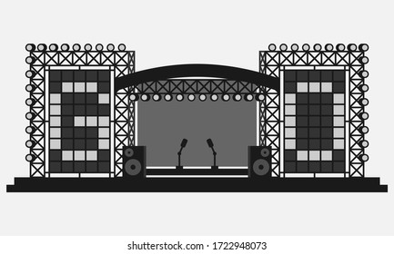 Outdoor Festival Stage With LED Screens Black And White Vector Icon.