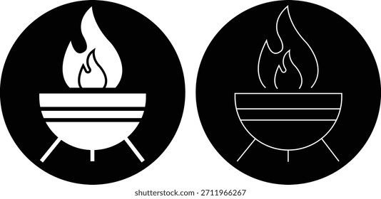 Outdoor fire pit icons set flat, outline styles. Graphic illustration depicting burning wood flame campfire barbecue BBQ grill minimalist silhouette design elements isolated on transparent background.