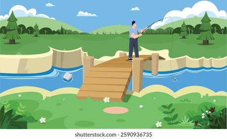 Outdoor Fishing Adventure Scene with Green Hills, Trees, and Clear Blue Water Cartoon Vector of a Fisherman Casting a Line in a Beautiful Lake Environment Illustration of a Man Fishing 