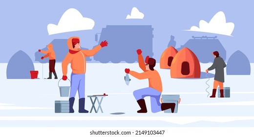 Outdoor fishing. Winter seasonal extreme fishing characters in hot clothes garish vector frozen lake cartoon background