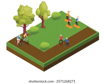 Outdoor Fitness Activities in a Park with Jogging, Cycling, and Stretching 3d isometric vector illustration