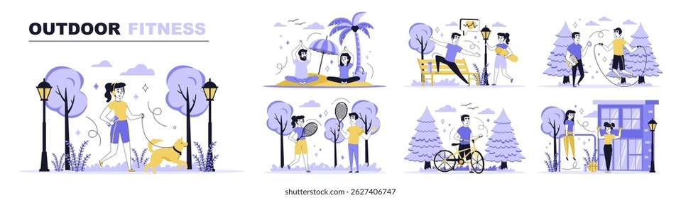 Outdoor fitness concept set in flat web design. Collection with people walking dog, running, doing yoga, playing tennis, cycling at city park. Flat vector illustration isolated on white background.