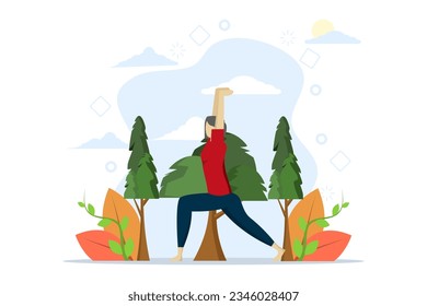 Outdoor fitness concept, outdoor yoga, group workout in park, outdoor fitness, sport lifestyle. Woman doing yoga in the park. Vector illustration in flat design on white background.
