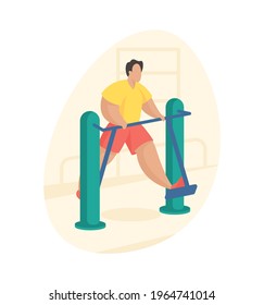 Outdoor fitness equipment flat illustration. Male cartoon character doing workout exercises using outdoor air walker. Outdoor sports gym. Streets workout. Sports training