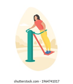 Outdoor Fitness Equipment Flat Illustration. Female Cartoon Character Doing Workout Exercises Using Outdoor Air Skier. Outdoor Sports Gym. Streets Workout. Sports Training