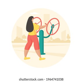 Outdoor fitness equipment flat illustration. Female cartoon character doing workout exercises using shoulder station. Outdoor sports gym. Streets workout. Sports training