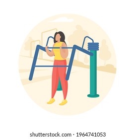 Outdoor fitness equipment flat illustration. Female cartoon character doing workout exercises using mild steel weight lift equipment. Outdoor sports gym. Streets workout. Sports training