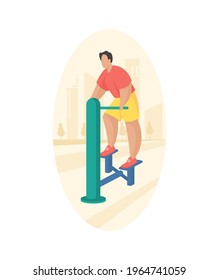 Outdoor Fitness Equipment Flat Illustration. Male Cartoon Character Doing Workout Exercises Using Outdoor Stepper. Outdoor Sports Gym. Streets Workout. Sports Training