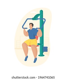 Outdoor Fitness Equipment Flat Illustration. Male Cartoon Character Doing Workout Exercises Using Pull Down Challenger. Outdoor Sports Gym. Streets Workout. Sports Training