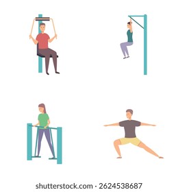 Outdoor fitness icons set cartoon vector. People workout at outdoor sport area. Physical activity