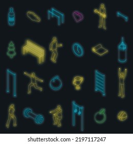 Outdoor Fitness Icons Set. Isometric Set Of Outdoor Fitness Vector Icons Neon Color On Black