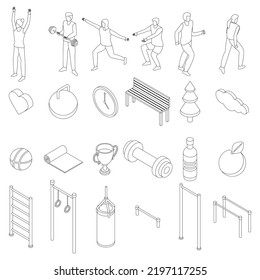 Outdoor Fitness Icons Set. Isometric Set Of Outdoor Fitness Vector Icons Outline Thin Lne Isolated On White